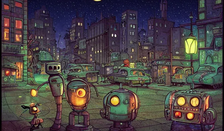 Prompt: fantasycore street view of 1950s machinarium cityscape at night by michael whelan and naomi okubo and dan mumford. cute 1950s robots. cel-shaded. glossy painting.