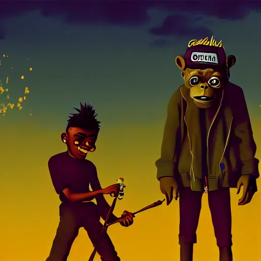 Image similar to gorillaz and tyler, the creator, 8 k concept art, golden hour, vintage, cloudy, dreamy, extremely detailed, by damon albarn, mixed media