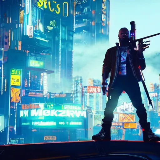 Image similar to 2 1 savage preforming on a stage in front of a crowd in cyberpunk 2 0 7 7, gameplay screenshot, detailed