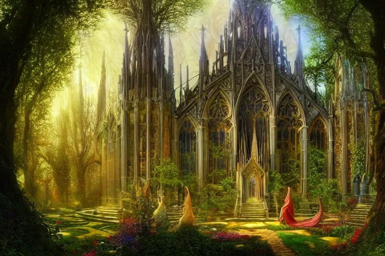 Image similar to a beautiful and highly detailed digital painting of an elven cathedral in a beautiful garden in a mystical forest, psychedelic colors, intricate details, epic scale, insanely complex, hyperdetailed, artstation, cgsociety, 8 k, sharp focus, hyperrealism, by caspar friedrich, albert bierstadt, james gurney, brian froud,