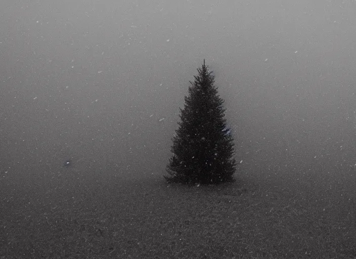 Image similar to a single fir tree in a desolate blizzard landscape, very foggy, out - of - focus lights in the background