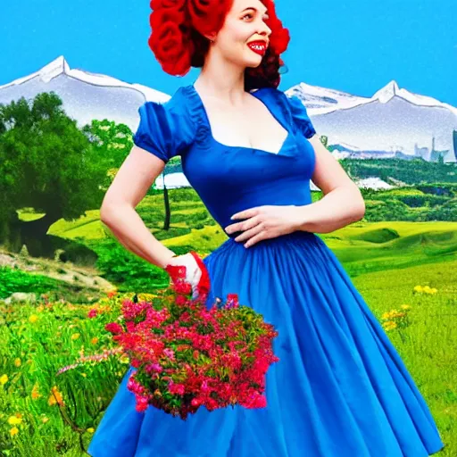 Prompt: giant alice in wonderland, pin up, houses, trees, mountains, woman, city, digital art, photo, blue dress, photoshop, flowers, collage