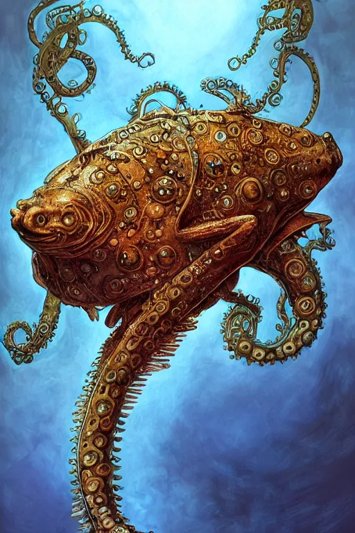 Image similar to steampunk axolotl tentacle fish, masterpiece, intricate, elegant, highly detailed, digital painting, smooth, sharp focus, illustration, art by james gurney, graeme base, brian froud, alan lee