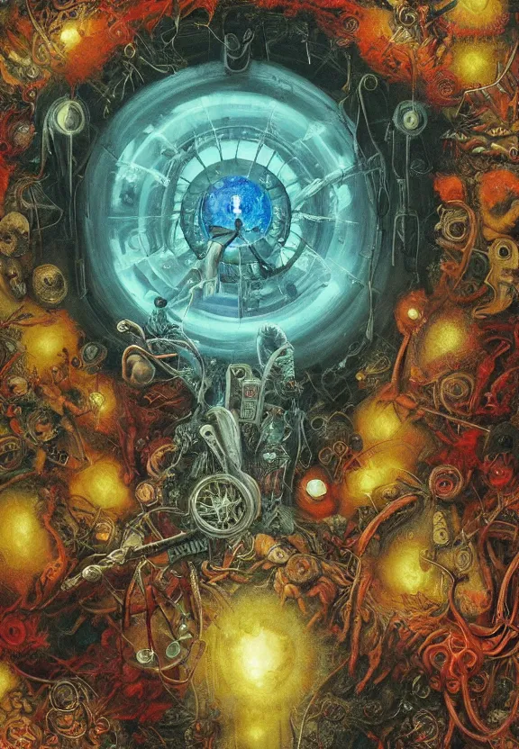 Prompt: autumnal medical equipment, cameras, radiating, blood mandala, portal, minimalist environment, by ryan stegman and hr giger and esao andrews and maria sibylla merian eugene delacroix, gustave dore, thomas moran, the movie the thing, pop art, biopunk, i'm the style of piet bill sienkiewicz