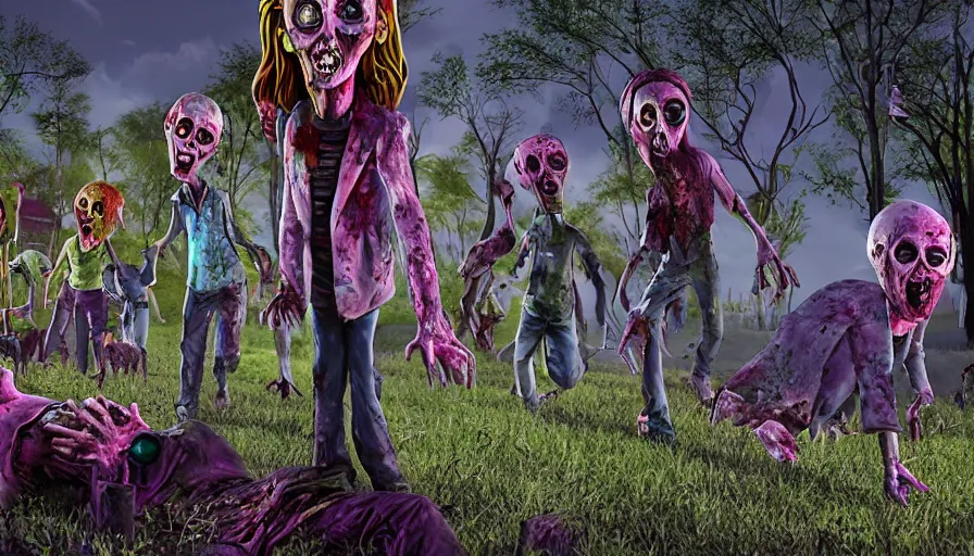 Prompt: night of the living dead by lisa frank's. rotting corpse, zombies, octane render, unreal 5 8 k depth of field, highly - detailed, in the style of squidbillies