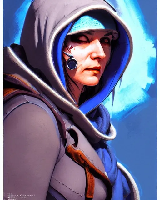 Image similar to ana from overwatch, eye patch, white hair, hooded blue cloak, older woman, character portrait, portrait, close up, concept art, intricate details, highly detailed, vintage sci - fi poster, in the style of chris foss, rodger dean, moebius, michael whelan, and gustave dore