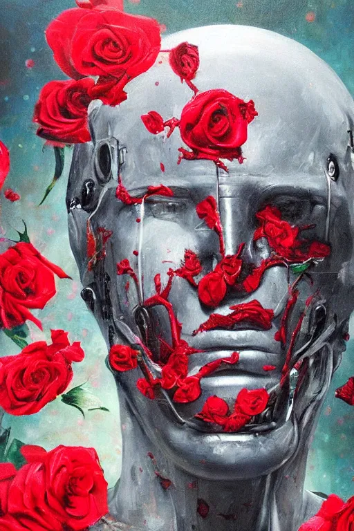 Image similar to oil painting, close-up, hight detailed, melting cyborg face with red roses everywhere at red planet, in style of 80s sci-fi art, neodada