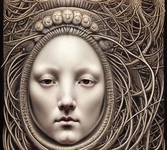 Image similar to detailed realistic beautiful moon goddess face portrait by jean delville, gustave dore, iris van herpen and marco mazzoni, art forms of nature by ernst haeckel, art nouveau, symbolist, visionary, gothic, neo - gothic, pre - raphaelite, fractal lace, intricate alien botanicals, ai biodiversity, surreality, hyperdetailed ultrasharp octane render