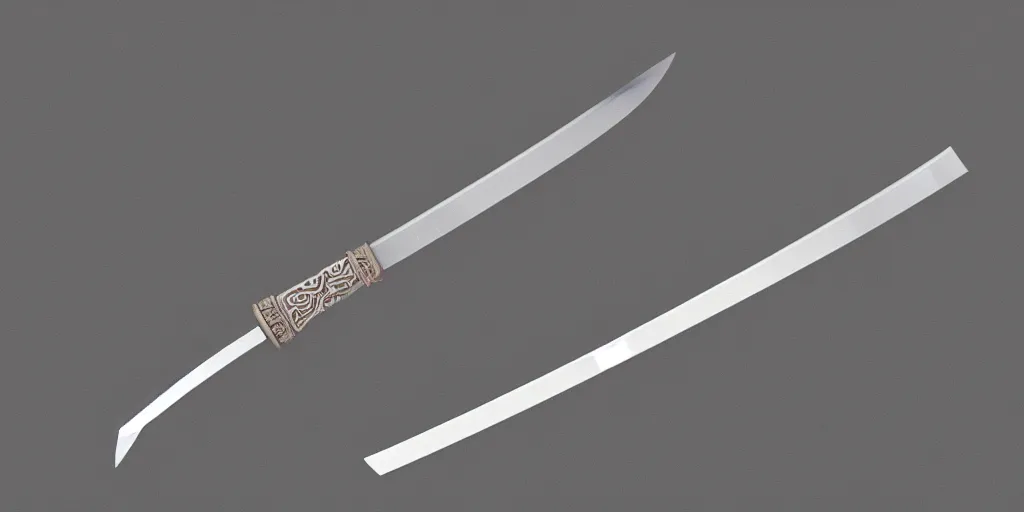 Image similar to Full Katana with Water Blade made only out of flowing and only Water, artstyle from Rzky Dar, the blade is made out of steel with a dragon sigil, a water stream goes like spiral around the blade, white background, raytracing, blade is replaced with water, blade is replaced with water