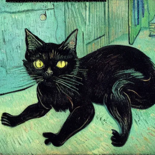 Image similar to black cat with one eye stealing pancakes oil painting by vincent van gogh