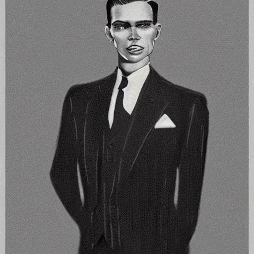 Prompt: A photograph portrait of Jerma985 wearing a suit with short slicked hair in the early 1930s, taken in the early 1930s, grainy, realistic, hyperrealistic, very realistic, highly detailed, very detailed, extremely detailed, detailed, digital art, trending on artstation