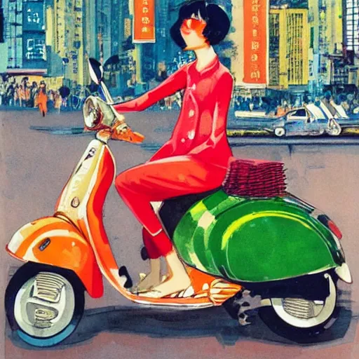 Prompt: the orange - haired vespa queen in hong kong, by amiet kuno and coby whitmore