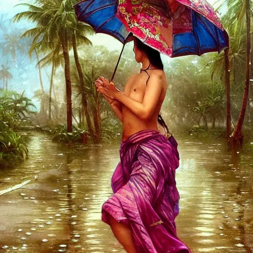 Prompt: monsoon on tropical island, beautiful oriental girl, ornate, beautiful, atmosphere, vibe, mist, coconuts, rain, wet, pristine, puddles, melting, dripping, snow, creek, lush, ice, bridge, forest, roses, flowers, by stanley artgerm lau, greg rutkowski, thomas kindkade, alphonse mucha, loish, norman rockwell