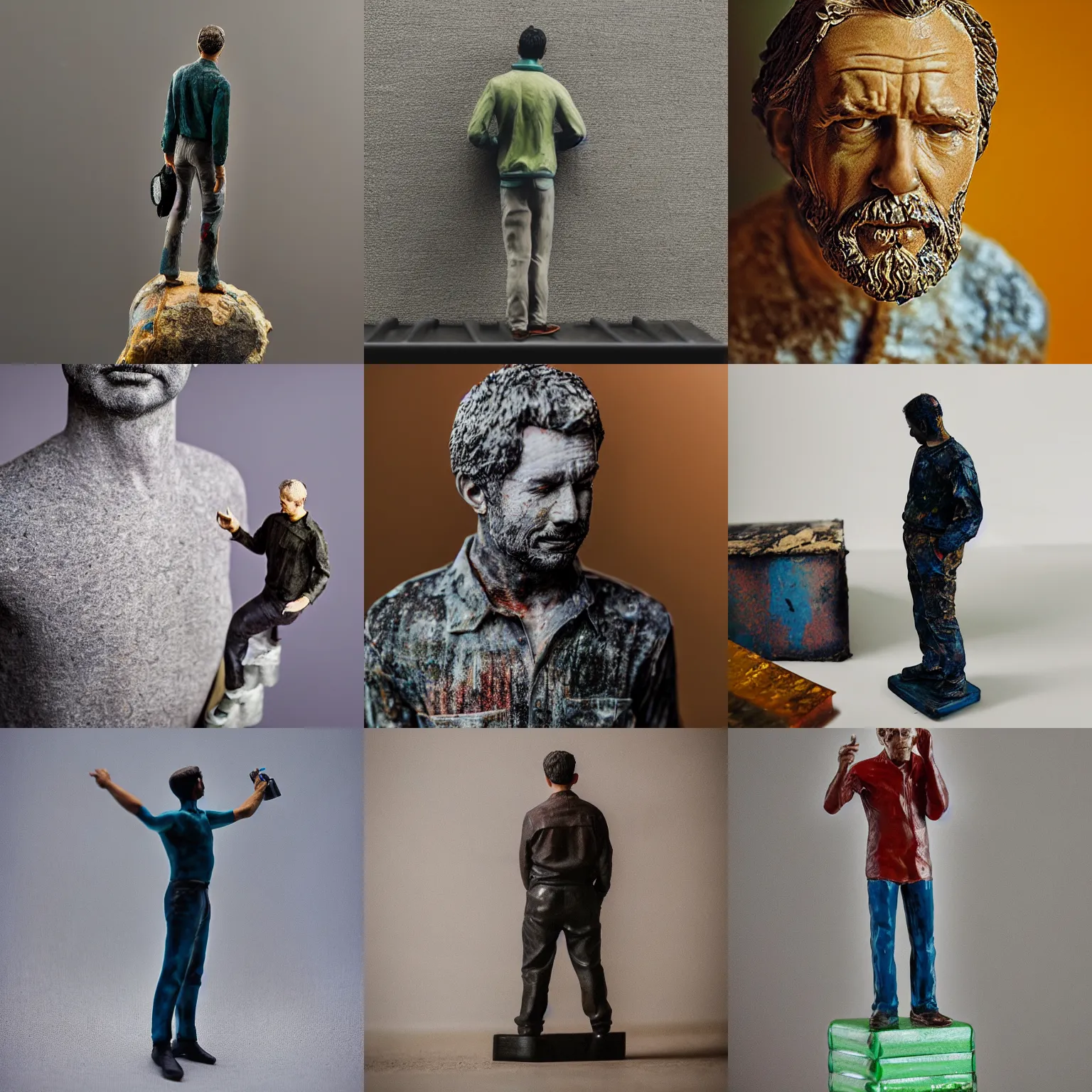 Prompt: Realistic painted resin figure of a man, standing on a shelf, macro photography