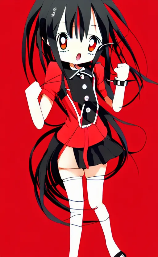 Prompt: anime girl with a detailed face and black hair in a red outfit, full body, trending, extreme long shot, illustration, by hiroyuki imaishi