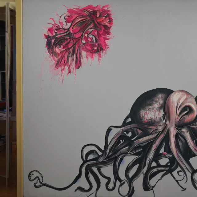 Image similar to empty room with black walls, a portrait of a female pathologist, octopus, mural, wilted flowers, squashed berries, neo - expressionism, surrealism, acrylic and spray paint and oilstick on canvas