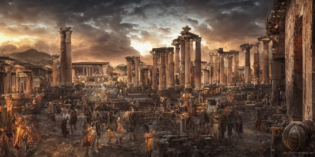 Prompt: A digital intricate illustration concept art of massive city of Pompeii, stunning massive ornately ancient roman inspired art by Renato muccillo and Andreas Rocha and Johanna Rupprecht + symmetry + natural volumetric lighting, realistic 4k octane beautifully detailed render, 4k post-processing, highly detailed, intricate complexity, epic composition, magical atmosphere, cinematic lighting + masterpiece, trending on artstation