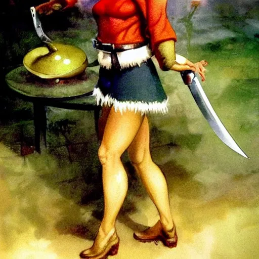 Prompt: determined elf woman with short blonde hair wearing a kitchen maid's uniform while holding a chef's knife and standing in the rain, fantasy, highly detailed, character portrait by Frank Frazetta