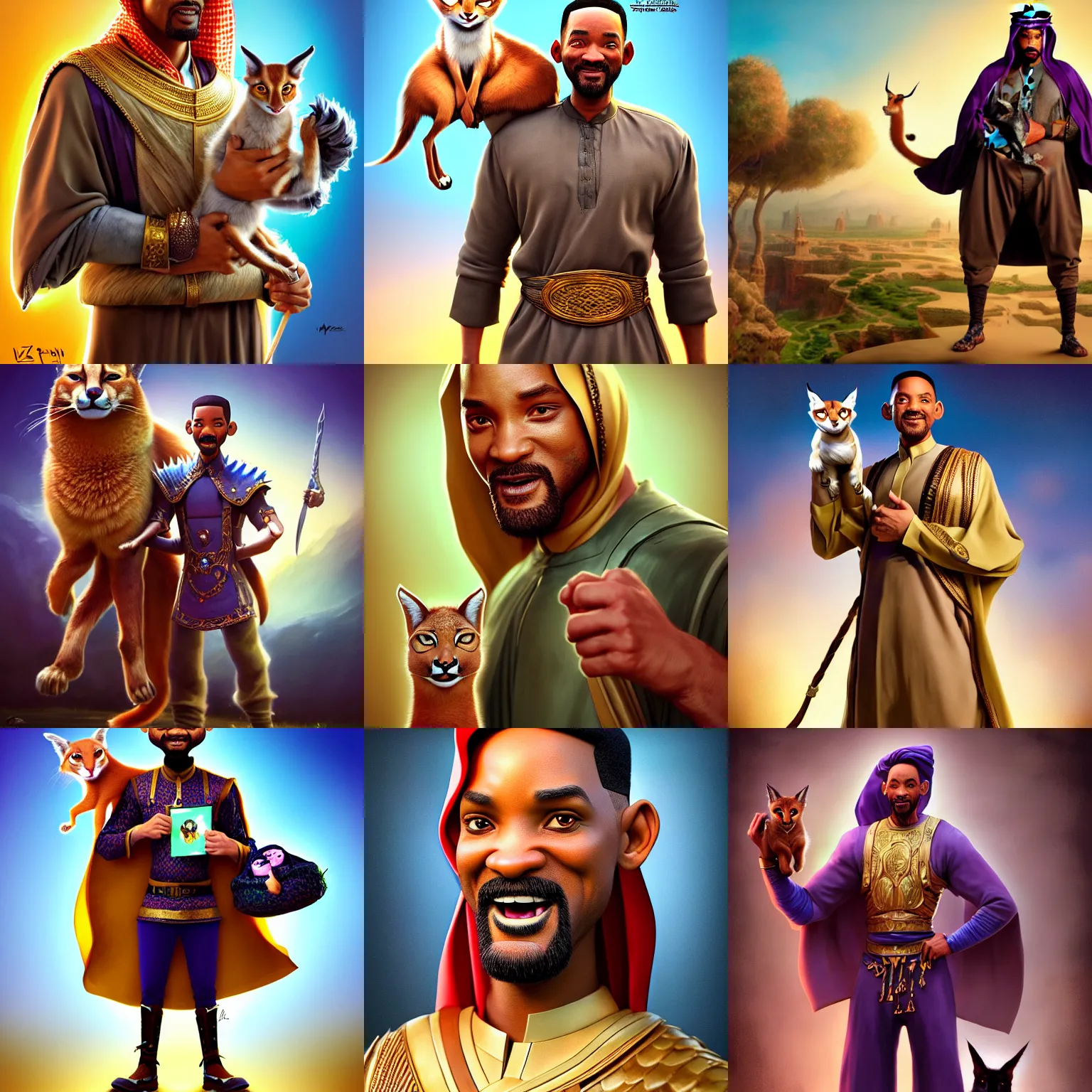 Prompt: an epic fantasy comic book style full body portrait painting of Will Smith dressed as saudi man holding cute caracal , elegant, character design by Mark Ryden and Pixar and Hayao Miyazaki, unreal 5, DAZ, hyperrealistic, octane render, cosplay, RPG portrait, dynamic lighting, intricate detail, summer vibrancy, cinematic