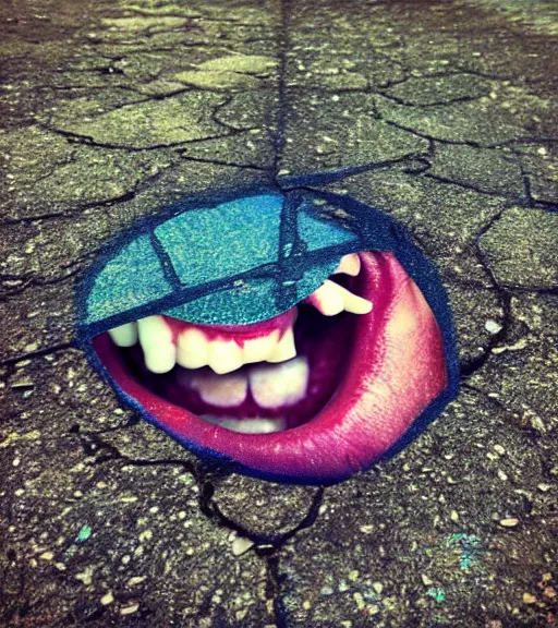 Prompt: phone photography of a mouth open on the ground, realistic photo, phone, looming, colorful, daytime, eerie,