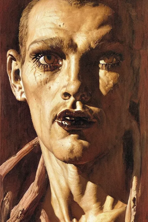 Prompt: a closer personal portrait of man with very piercing eyes, very charismatic. in the old ancient temple of the sphinx. masterpiece, dark. painted by norman rockwell and james gurney