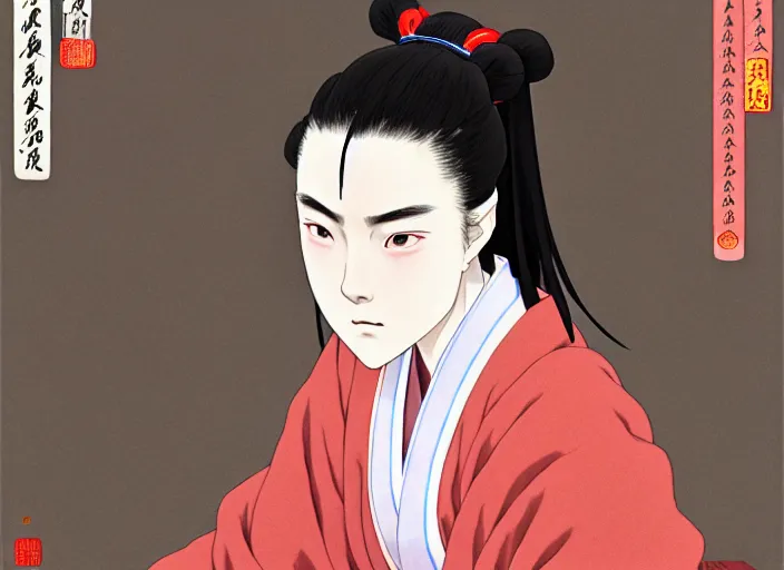 Image similar to a film still portrait of a confident xianxia shrine maiden woman who resembles billie eilish, finely detailed features, closeup at the faces, perfect art, at an ancient chinese city, gapmoe yandere grimdark, trending on pixiv fanbox, painted by greg rutkowski makoto shinkai takashi takeuchi studio ghibli, akihiko yoshida