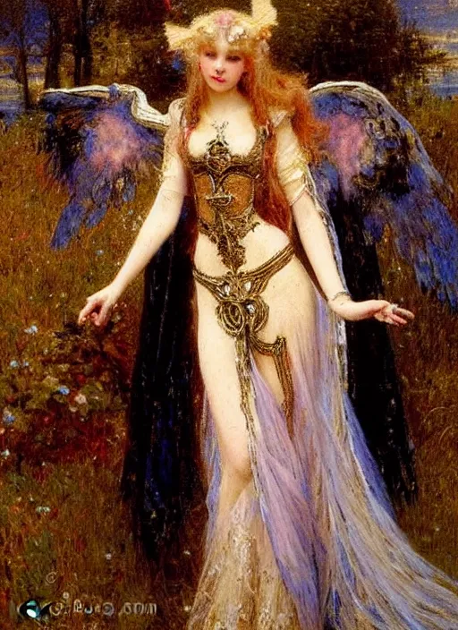 Image similar to vertical prtrait of an angel knight gothic girl, baroque dress. by gaston bussiere