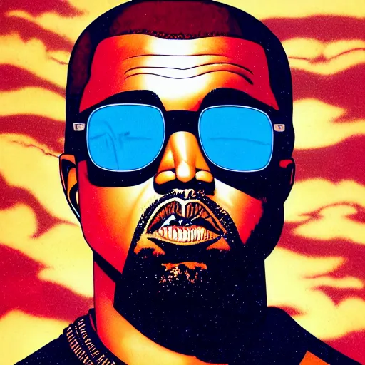 Prompt: portrait of kanye west, sunglasses, ( maga ) by yoichi hatakenaka, masamune shirow, josan gonzales and dan mumford, ayami kojima, takato yamamoto, barclay shaw, karol bak, yukito kishiro