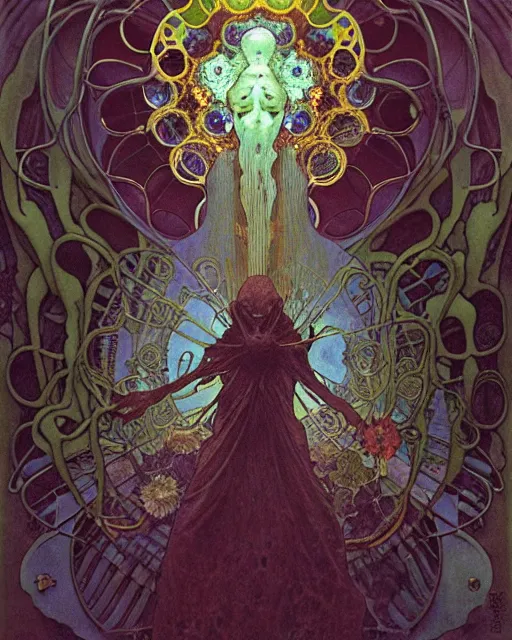 Image similar to the platonic ideal of flowers, rotting, insects and praying of cletus kasady carnage thanos davinci dementor wild hunt chtulu mandelbulb spirited away doctor manhattan bioshock, caustic, ego death, decay, dmt, psilocybin, concept art by alphonse mucha and greg rutkowski and zdzisław beksinski