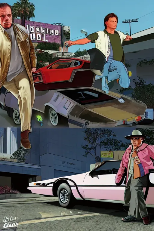 Prompt: GTA V cover art based on Back to the Future, starring Marty Mcfly