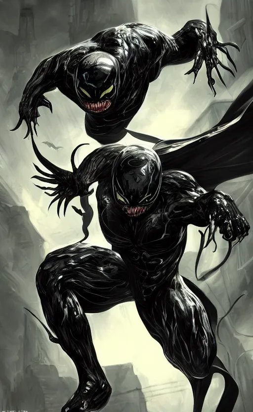 Image similar to venom as batman, dynamic lighting, photorealistic fantasy concept art, trending on art station, stunning visuals, terrifying, creative, cinematic