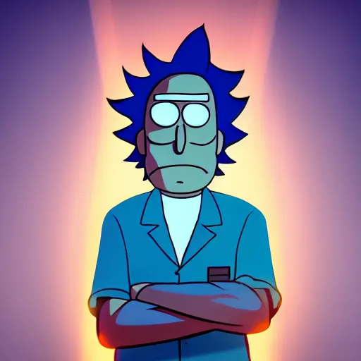 Image similar to portrait of rick sanchez, lab coat and tee shirt, lens flare, atmosphere, glow, detailed, intricate, full of colour, cinematic lighting, 4 k, hyperrealistic, focused, extreme details, cinematic, masterpiece, rick and morty