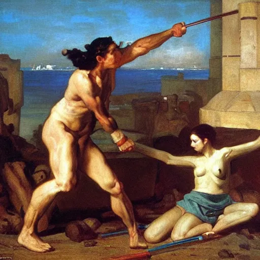 Prompt: a human painter fighting a machine robot, art, oil painting, by Eugene Delacroix, by David Ligare, high quality, composition
