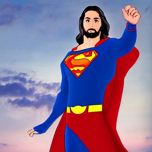 Image similar to jesus as superman, award-winning photo, very detailed, very realistic, beautiful lighting