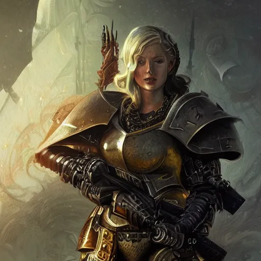 Prompt: Katherine Heigl as a warhammer 40k marine in a Skyrim loading screen, gorgeous, beautiful, intricate, highly detailed, digital painting, artstation, oppressive lighting, concept art, sharp focus, illustration, art by greg rutkowski and alphonse mucha