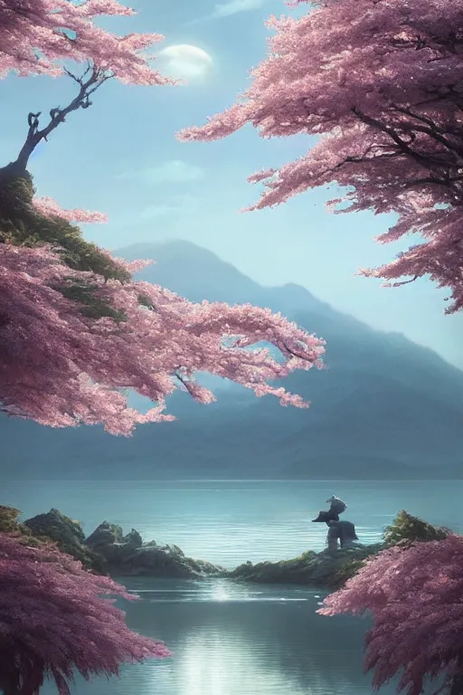 Prompt: a distant sakura tree on a lake, viewed from afar, stephen bliss, misty, unreal engine, fantasy art by greg rutkowski, loish, rhads, ferdinand knab, makoto shinkai and lois van baarle, ilya kuvshinov, rossdraws, tom bagshaw, global illumination, radiant light, minimalist, illustration, detailed and intricate environment