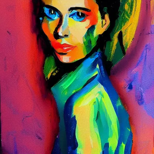 Prompt: portrait of beautiful woman painted with colorful gouache impasto