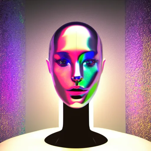 Image similar to 3d render of holographic human robotic head made of glossy iridescent, surrealistic 3d illustration of a human face non-binary, non binary model, 3d model human, cryengine, made of holographic texture, holographic material, holographic rainbow, concept of cyborg and artificial intelligence