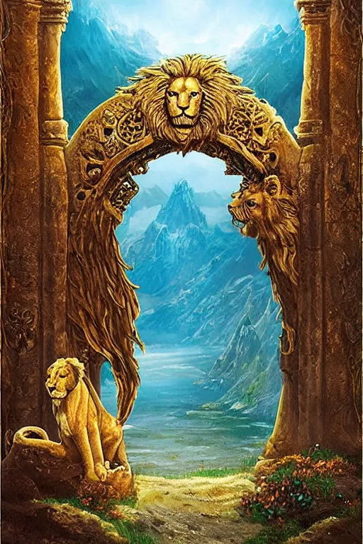 Image similar to A giant medieval fantasy energy portal gate with a rusty gold carved lion face with blue glowing eyes at the center of the gate, the portal takes you to another world, full of colorful flowers on the lost Vibes and mountains in the background, spring, delicate fog, sea breeze rises in the air, by andreas rocha and john howe, and Martin Johnson Heade, featured on artstation, featured on behance, golden ratio, ultrawide angle, f32, well composed, rule of thirds, center spotlight, low angle view