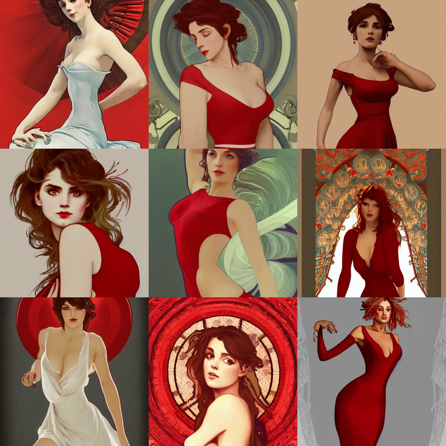 Prompt: sexy european woman in a red cutout dress with white trim, as seen on artgerm, octane render, in the style of alphonse mucha, ultra realistic, highly detailed, 8 k