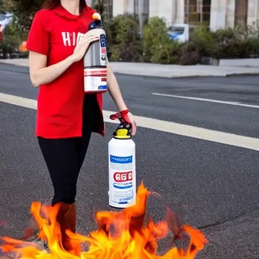 Image similar to a photo of a woman wearing a shirt holding a fire extinguisher, on her shirt writes two aunts