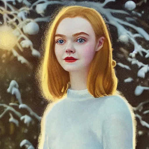 Image similar to Elle Fanning, head and shoulders masterpiece, in the snow, golden hour, in a garden, artstation, in the style of Art Deco and Edward Hopper