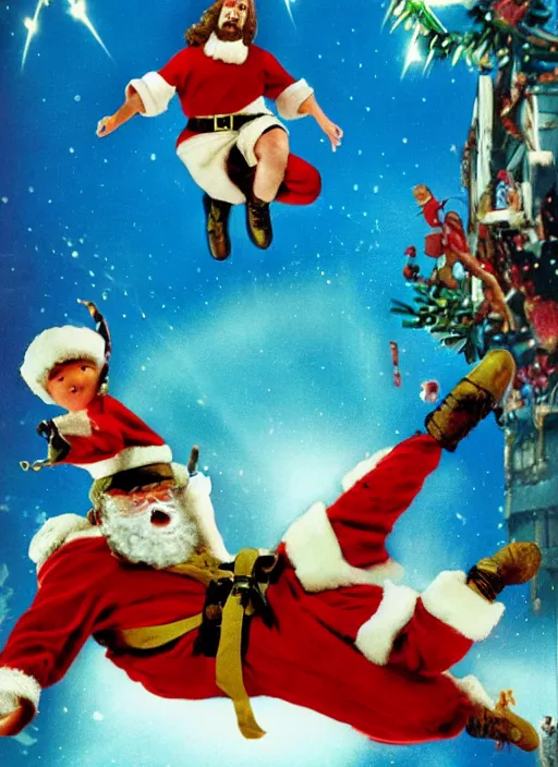 Prompt: Santa and Jesus' Totally Radical Adventure, action shot of them jumping away from an explosion towards us, cinematic shot, movie poster (1989)