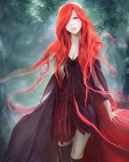 Image similar to a very beautiful anime sorceress, full body, long red hair, full round face, short smile, cloak with hood, fantasy town setting, cinematic lighting, medium shot, mid-shot, highly detailed, trending on Artstation, Unreal Engine 4k, cinematic wallpaper by Stanley Artgerm Lau, WLOP, Rossdraws, James Jean, Andrei Riabovitchev, Marc Simonetti, and Sakimichan