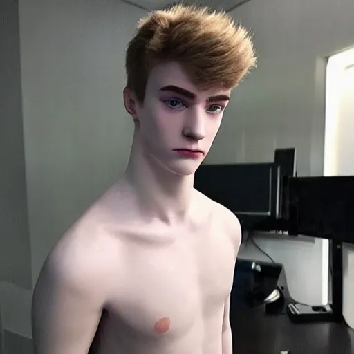 Image similar to “a realistic detailed photo of a guy who is an attractive humanoid who is half robot and half humanoid, who is a male android, twitch streamer Ninja Tyler Blevins, shiny skin, posing like a statue, blank stare, gaming room, close up”