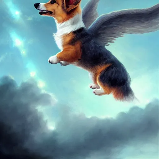 Image similar to corgi with [ angelic wings ]!!, [ flying like a superhero ]!! in the [ night sky ]!! where the stars are visibly perceptible, [ realistic photo ]!!, [ illustrated by greg rutkowski ]!!, trending on artstation