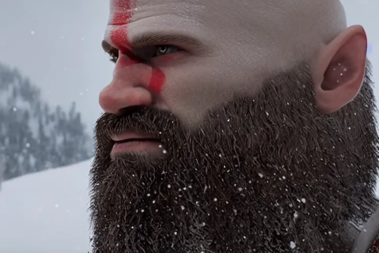 Image similar to vfx movie live action god of war closeup, natural grizzled skin, photoreal, grey beard, in snowy tahoe by emmanuel lubezki