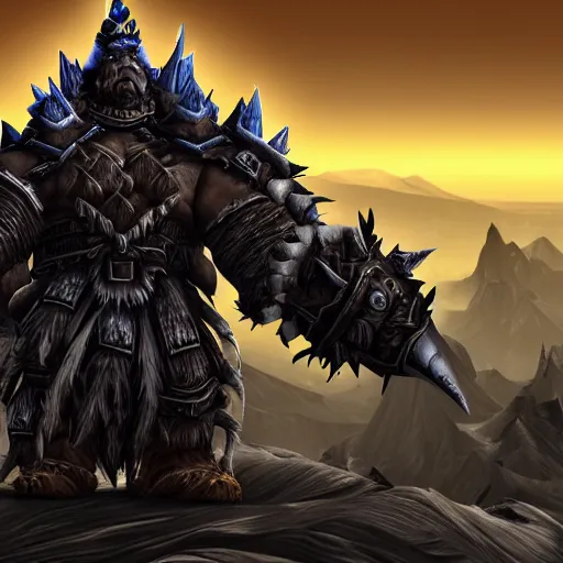 Image similar to world of warcraft orc warrior viewed from the back in spiky epic full plate armor standing in front of a vast icy land and dark icy mounatins in the background, extreely detailed, wow, cinematic, unreal engine 5, artistic, movie poster, world of warcraft cinematics style, only dark contrasting colours, colours ranging of blue white and black