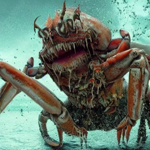 Prompt: horror movie about giant crabs eating people.