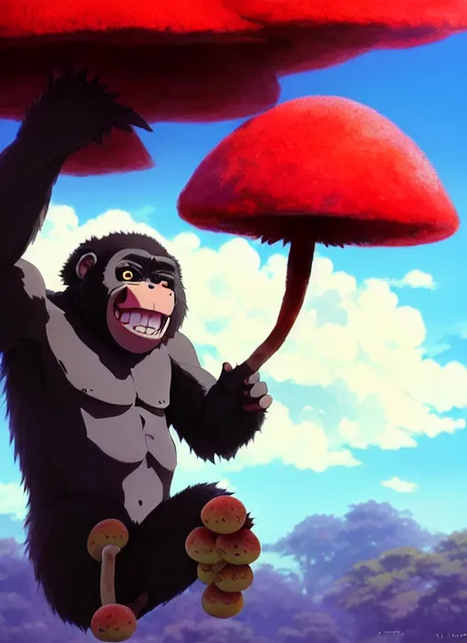 Prompt: anime gorilla holding a very small red mushroom, big smile on face, sunny sky background, lush landscape, illustration concept art anime key visual trending pixiv fanbox by wlop and greg rutkowski and makoto shinkai and studio ghibli and kyoto animation, symmetrical facial features, black shirt,